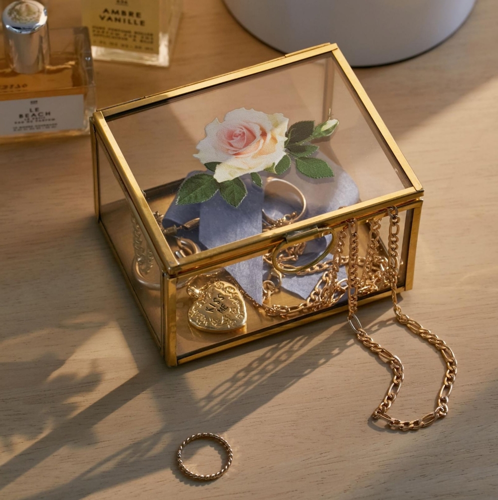 Urban outfitters Large Floral Rose Glass Trinket jewlery Box